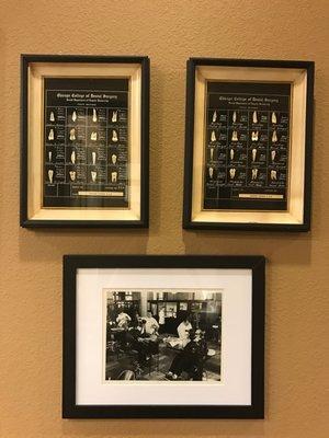 Dr. Zach's grandfather's school project along side a photo of him in dental school!