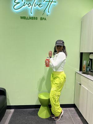 Our lovely client enjoying our natural made juice after her Deluxe Detox session.