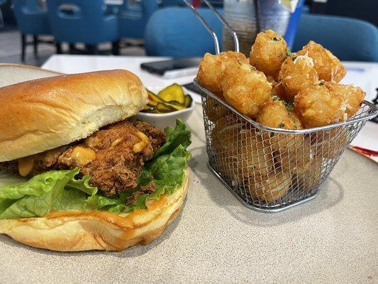 Chicken sandwich and truffle tots