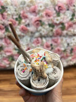 Oreo ice cream with Oreo pocky, Bear cookies, and sprinkles with whipped cream!