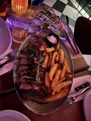 32oz steak, frites, and salad for 3 people