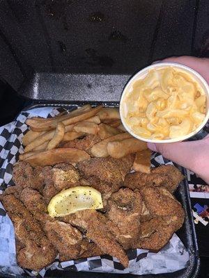 Catfish nuggets, fries, and mac and cheese.