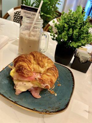 Croissant Breakfast Sandwich, Iced Chai Latte