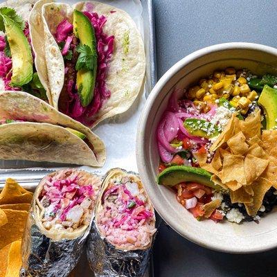 Fish Tacos, Surf &Turf, and Avocado Salad (Avocado, corn kernels, bell peppers, onions, black beans, pico de gallo, cilantro, cheese tortill