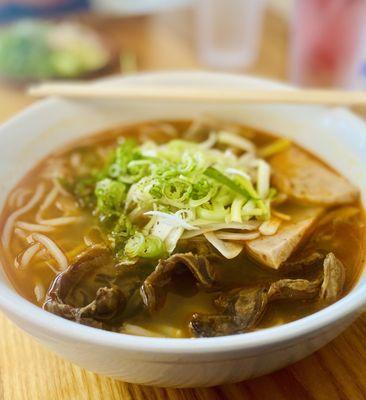 Spicy Beef noodle soup AKA Bún bò Huế. Aromatics of lemongrass, green onion, Cabbage & Bắp Chuối was superb. Highest recommendations.