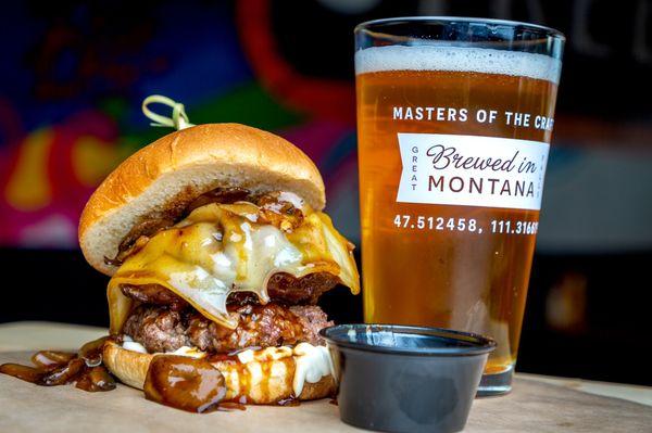 Mushroom Swiss burger and beer