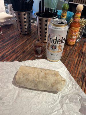 Beer, shot, and classic breakfast Burrito for $18