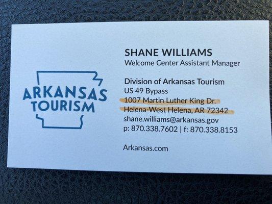 business card of a Helena - West Helena Arkansas Welcome Center employee