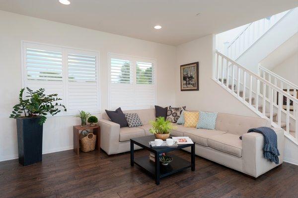 Classic white shutters with split invisible tilt.