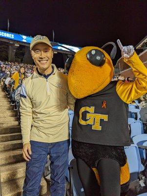 Go Jackets! With Georgia Tech Yellow Jackets mascot Buzz at the Georgia Tech at No. 13 North Carolina football game on November 19, 2022.