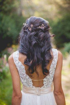 wedding hair done by Anna from the back, she wove a golden hair vine through my hair