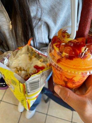 Mango nada & elote with hot Cheetos.