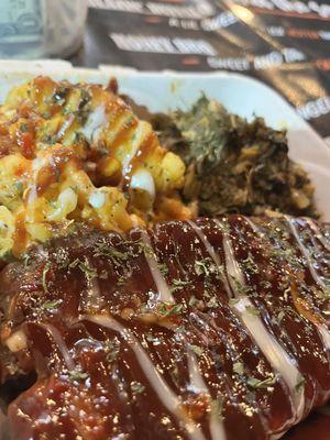 Ribs, macaroni and cheese, collard greens