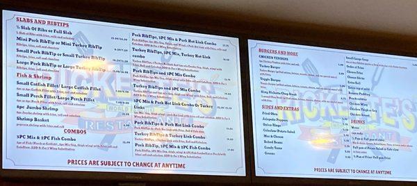 Menu prices and  options