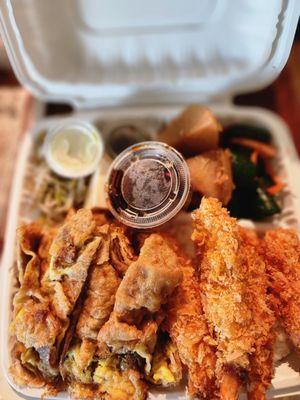 Combo Plate - Shrimp Tempura and Meat Jun Sides - Bean Sprouts, Tofu, Shoyu Potato, Cucumber Kimchi