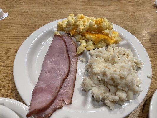 Baked Ham, Macaroni and Cheese, and Mashed Potatoes.