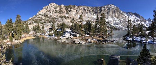 Blue Lake - Approx 7.15 miles RT from Sabrina Basin Trailhead. And YUP, partially frozen lake surface! Gear up with a layer and gloves!