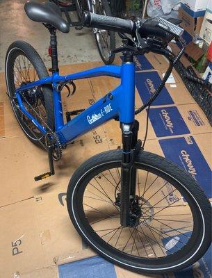 Groove E-Ride Ripper in medium.  Park Tool blue.  Added adjustable stem and water bottle holder on the downtube.