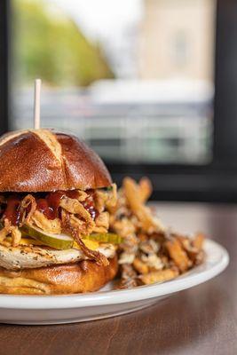 Country Bloomin' Burger with Grilled Chicken Breast. Served with House Cut French Fries