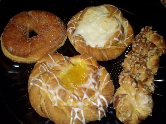 Sugar Doughnut, Cream Cheese Danish, Pineapple Danish and Baby Cinnamon Twist with Nuts.