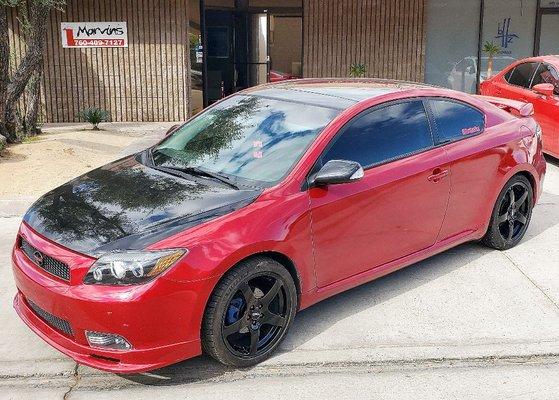 Scion TC TRD caviar black hood, infared body and wheels painted caviar black