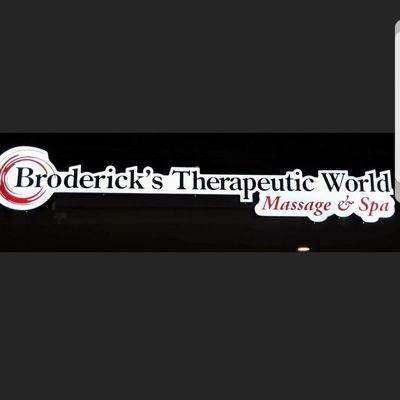 Broderick's Therapeutic World Massage and Spa NEW back lit sign at night!!