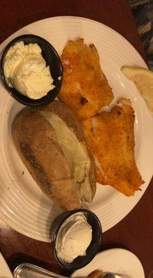 Scrod with baked potato. (She preferred the baked stuffed scrod)