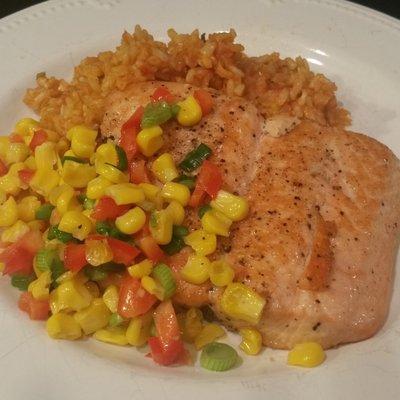 Salmon with Mexican Rice and Corn Salsa