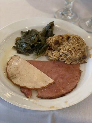 Ham, turkey, collard greens, and red beans and rice