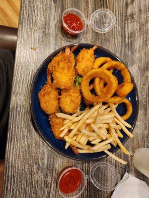 Coconut shrimp and onion rings.