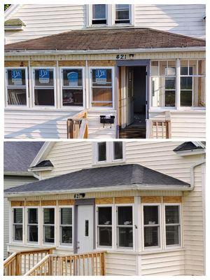 Before and after photos from a small porch roofing job. Tare off and install new shingles.