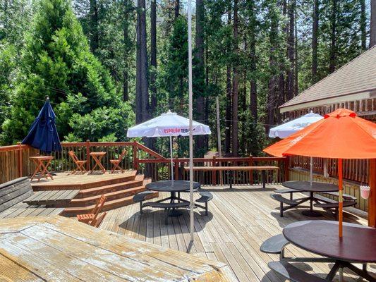 Outside seating on patio of Bunny Slope Cafe in Kyburz, CA