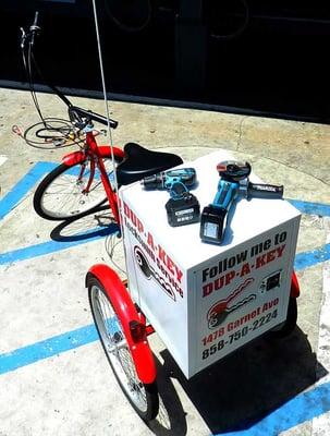 If your going to ride up to a beach call on a red trike to do locksmith work,you bring power tools.18V Makita drill and cut off tool. Boom!