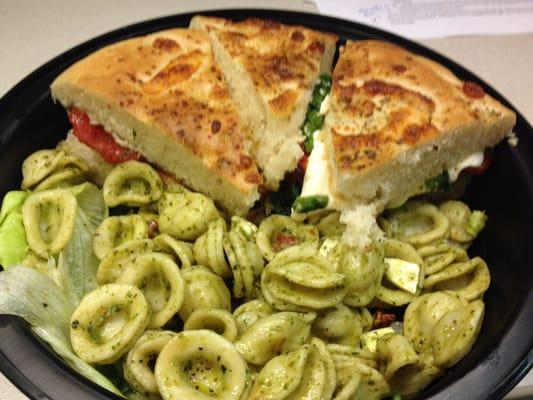 Chicken on focaccia with pasta salad