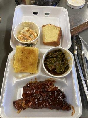 Smoked bbq ribs ,honey grilled corn bread, collard greens, potato salad and dessert