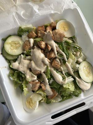 Chicken Caesar Salad. Added egg and cucumber.