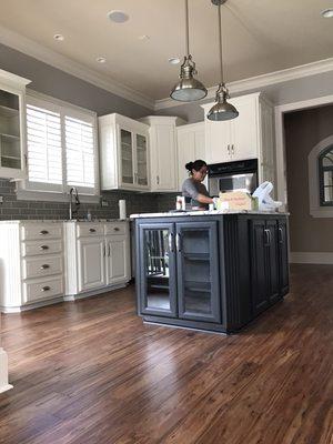 painted white cabinets and dark grey.