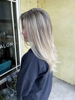 Blonde highlights, long hair with layers. Ashy, creamy  blonde. Dimensional highlights. Blonde Colorist.