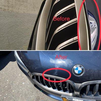 BMW hood edge dent repair
This repair was done without having to repaint the hood
Keep in its original factory paint savings time and money