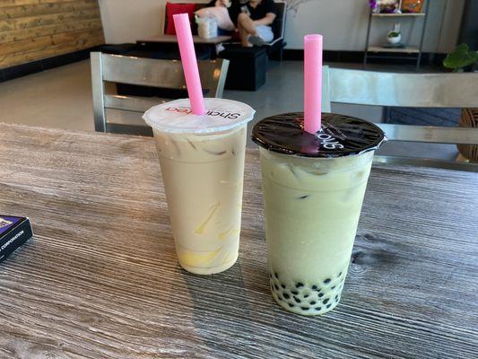 matcha milk tea and milk tea with boba