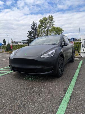 My satin wrapped model Y with green emblems done by ALSET