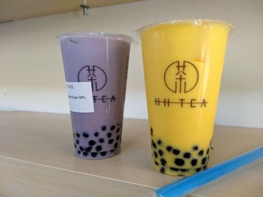 Yummy!!!  Two milk tea with tapioca . . Taro and mango.