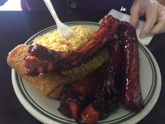 BBQ Spare Ribs with Fried Rice and Egg Roll.