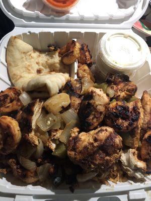 Mixed kabob chicken and shrimp( very good, shrimp charred but not dried out, large chunks of chicken)