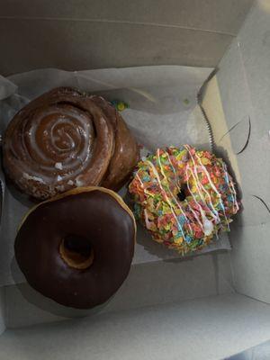 Cinnamon bun, chocolate frosted, fruity pebbles