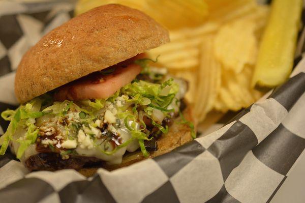 Swiss, gorg, oregano with roasted balsamic mushrooms, caramelized onions,  organic romaine and locally grown tomatoes on a 3rd st bread