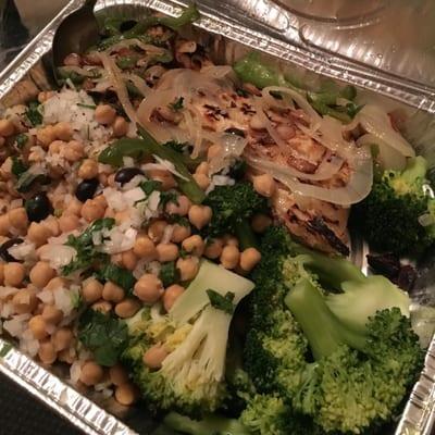 Grilled codfish was cooked perfectly with sautéed onions peppers and garlic. with chickpeas and onions,parsley and blk olives and broccoli