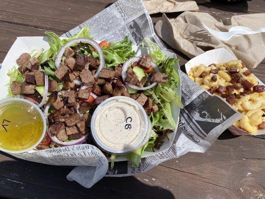 Chef salad with brisket, bacon mac and cheese