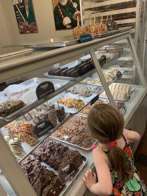 mississippi  mud, sugar free chocolate nut, Rice Krispies treats Marshmallows, pretzels, pralines Rocky road, turtles, birthday cake