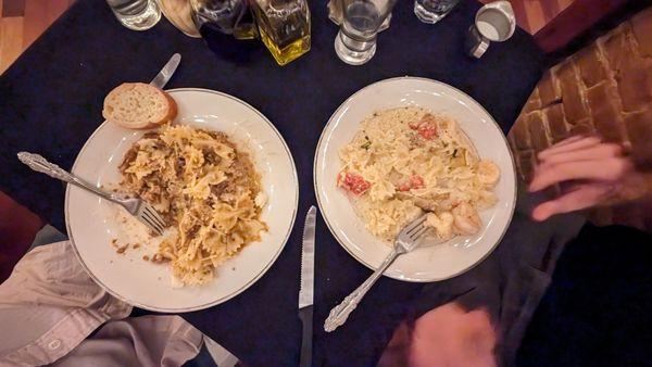 Pasta bolognese and an amazing shrimp dish that was supposed to be on crostini but we got it on the housemade farfalle and it was delicious!